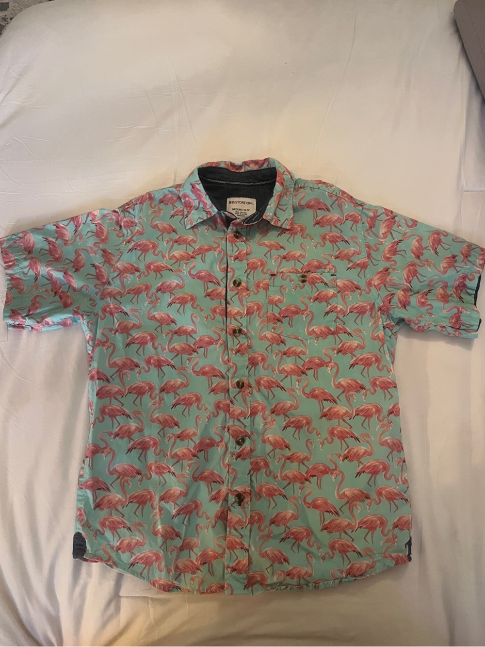 Boys Short-Sleeve Flamingo Button-Down Shirt - Mint & Pink size 10-12